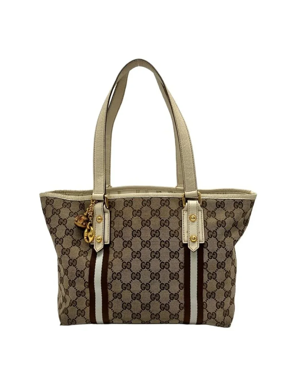 Gucci Tote GG Pattern Beige Dark Brown White Leather